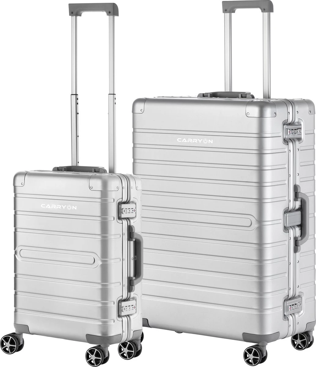 CarryOn Kofferset ULD - Luxe Aluminium Handbagage Koffer 55cm + 76cm Grote Reiskoffer - Dubbel TSA Slot - Zilver 3 CarryOn Kofferset ULD - Luxe Aluminium Handbagage Koffer 55cm + 76cm Grote Reiskoffer - Dubbel TSA Slot - Zilver