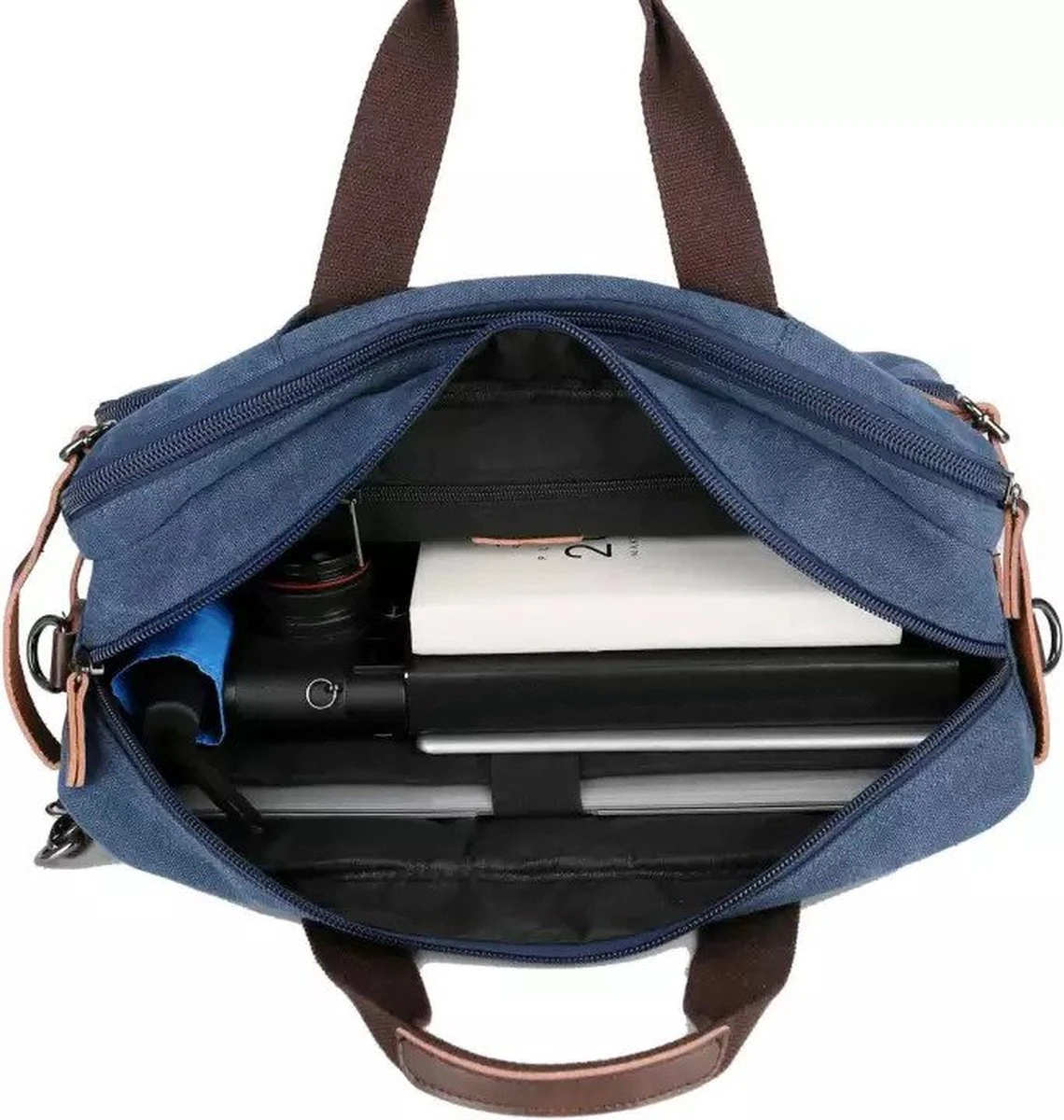 Laptoptas - 3in1- 15Inch - Blauw - 15 Vak - Canvas - Leer 5 Laptoptas - 3in1- 15Inch - Blauw - 15 Vak - Canvas - Leer - Afbeelding 3