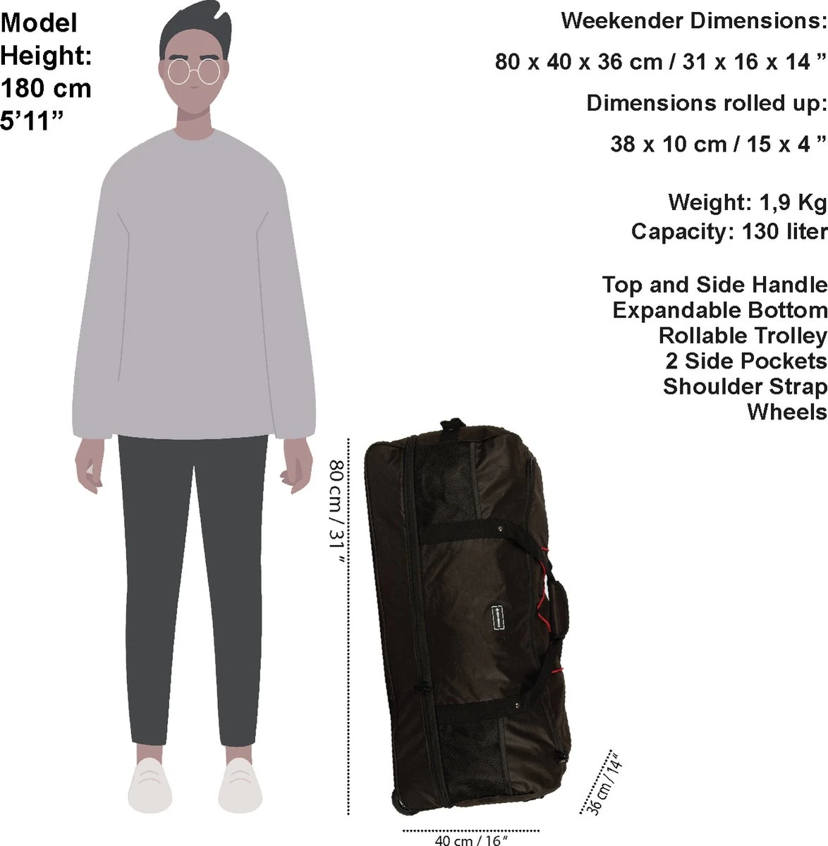 New Rebels Roll-able Trolley - Reistas - Weekendtas - Sporttas 80 Cm - Zwart 7 New Rebels Roll-able Trolley - Reistas - Weekendtas - Sporttas 80 Cm - Zwart - Afbeelding 5