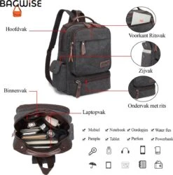 Bagwise® - Rugzak - Canvas - 15 L- Vintage - 13" Inch Laptopvak - Compact Klein -1261 Zwart 12 Bagwise® - Rugzak - Canvas - 15 L- Vintage - 13" Inch Laptopvak - Compact Klein -1261 Zwart -Tassen Kortingen Winkel 1185x1200 1