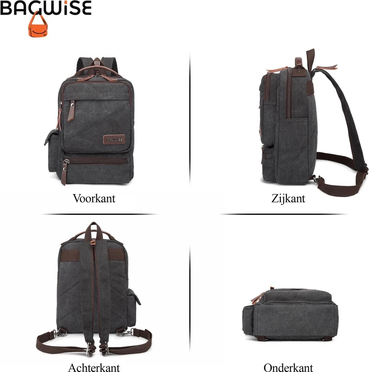 Bagwise® - Rugzak - Canvas - 15 L- Vintage - 13" Inch Laptopvak - Compact Klein -1261 Zwart 5 Bagwise® - Rugzak - Canvas - 15 L- Vintage - 13" Inch Laptopvak - Compact Klein -1261 Zwart - Afbeelding 3