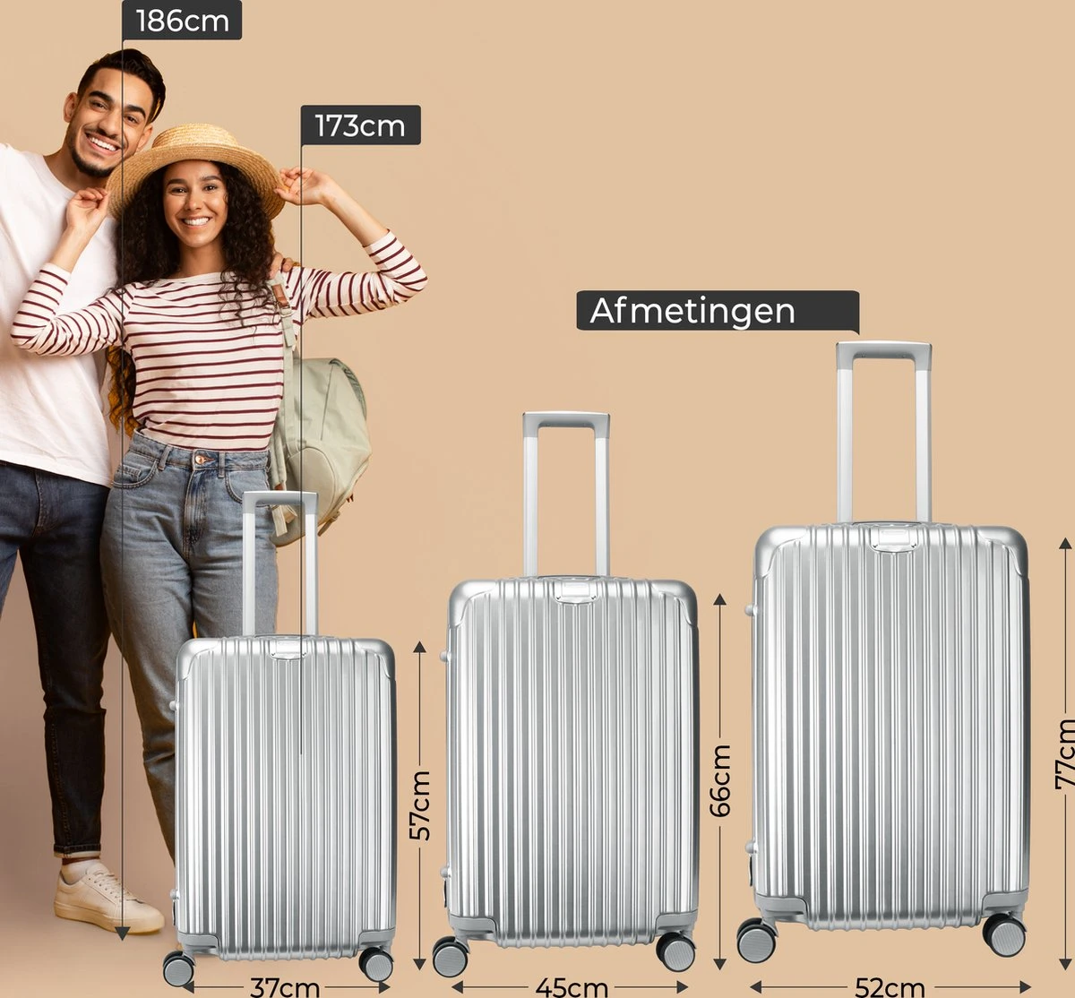 Royal Swiss - Kofferset - Cijferslot- Lichtgewicht Koffer - 4 Wielen- Zilver 4 Royal Swiss - Kofferset - Cijferslot- Lichtgewicht Koffer - 4 Wielen- Zilver - Afbeelding 2
