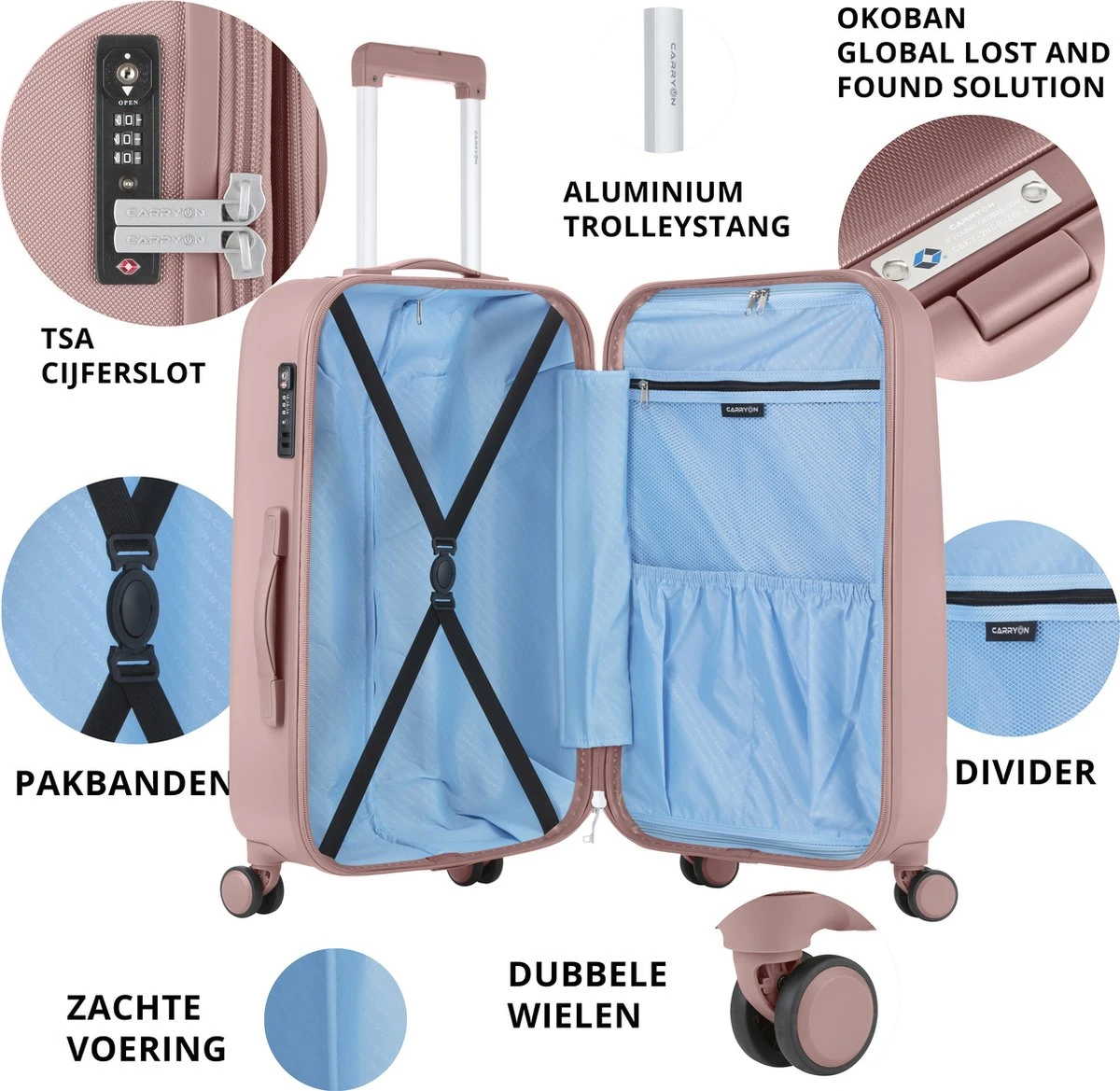 CarryOn Skyhopper Reiskoffer - 78cm TSA Trolley Met OKOBAN - Dubbele Wielen - Old Pink 6 CarryOn Skyhopper Reiskoffer - 78cm TSA Trolley Met OKOBAN - Dubbele Wielen - Old Pink - Afbeelding 4