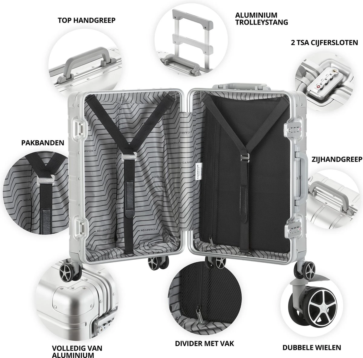CarryOn Kofferset ULD - Luxe Aluminium Handbagage Koffer 55cm + 76cm Grote Reiskoffer - Dubbel TSA Slot - Zilver 5 CarryOn Kofferset ULD - Luxe Aluminium Handbagage Koffer 55cm + 76cm Grote Reiskoffer - Dubbel TSA Slot - Zilver - Afbeelding 3