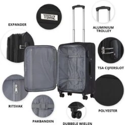 Travelz Softspinner TSA Reiskoffer 77cm - Zachte Reiskoffer Met Expander 104 + 16 Ltr - Zwart -Tassen Kortingen Winkel 1200x1193 1