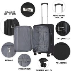 TravelZ Softspinner TSA Kofferset - 3-delige Zachte Trolleyset - Dubbele Wielen En Voorvakken Zwart -Tassen Kortingen Winkel 1200x1193 2