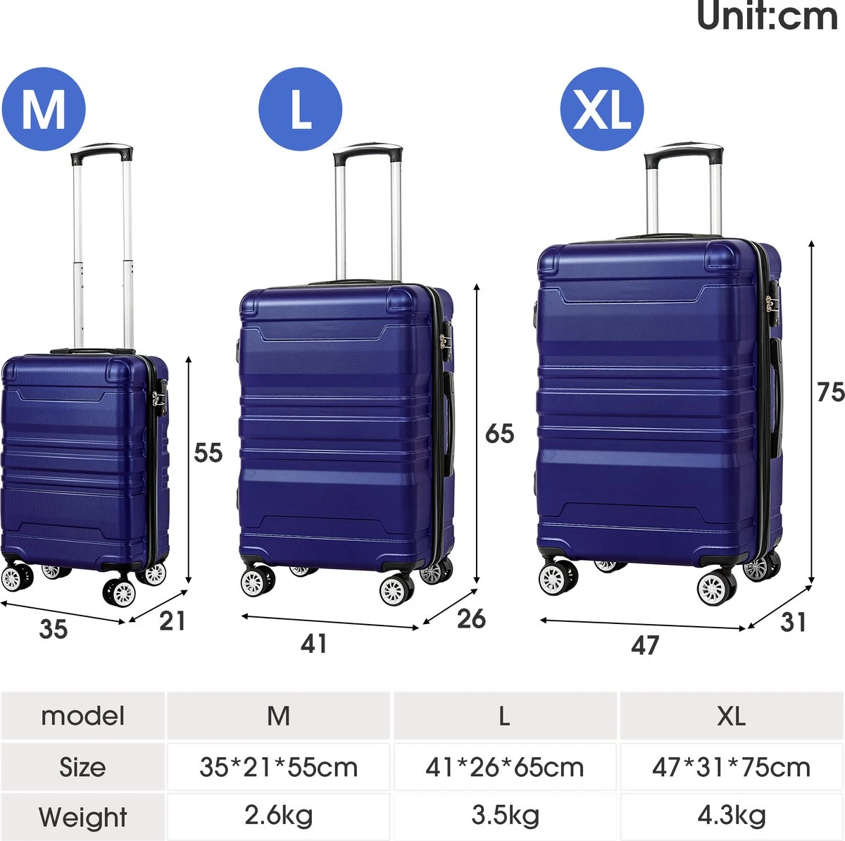 Merax 3-delig Kofferset Met TSA Slot - Trolleyset ABS 40L, 70L & 110 Liter - Blauw 9 Merax 3-delig Kofferset Met TSA Slot - Trolleyset ABS 40L, 70L & 110 Liter - Blauw - Afbeelding 7