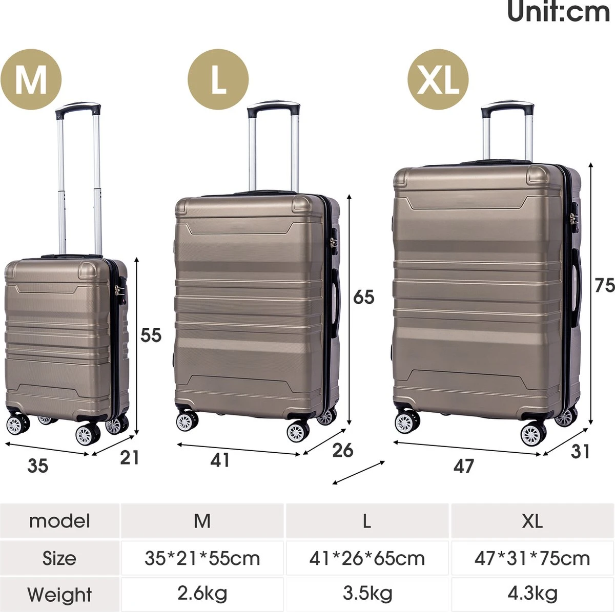 Merax 3-delig Kofferset Met TSA Slot - Trolleyset ABS 40L, 70L & 110 Liter - Goud 9 Merax 3-delig Kofferset Met TSA Slot - Trolleyset ABS 40L, 70L & 110 Liter - Goud - Afbeelding 7