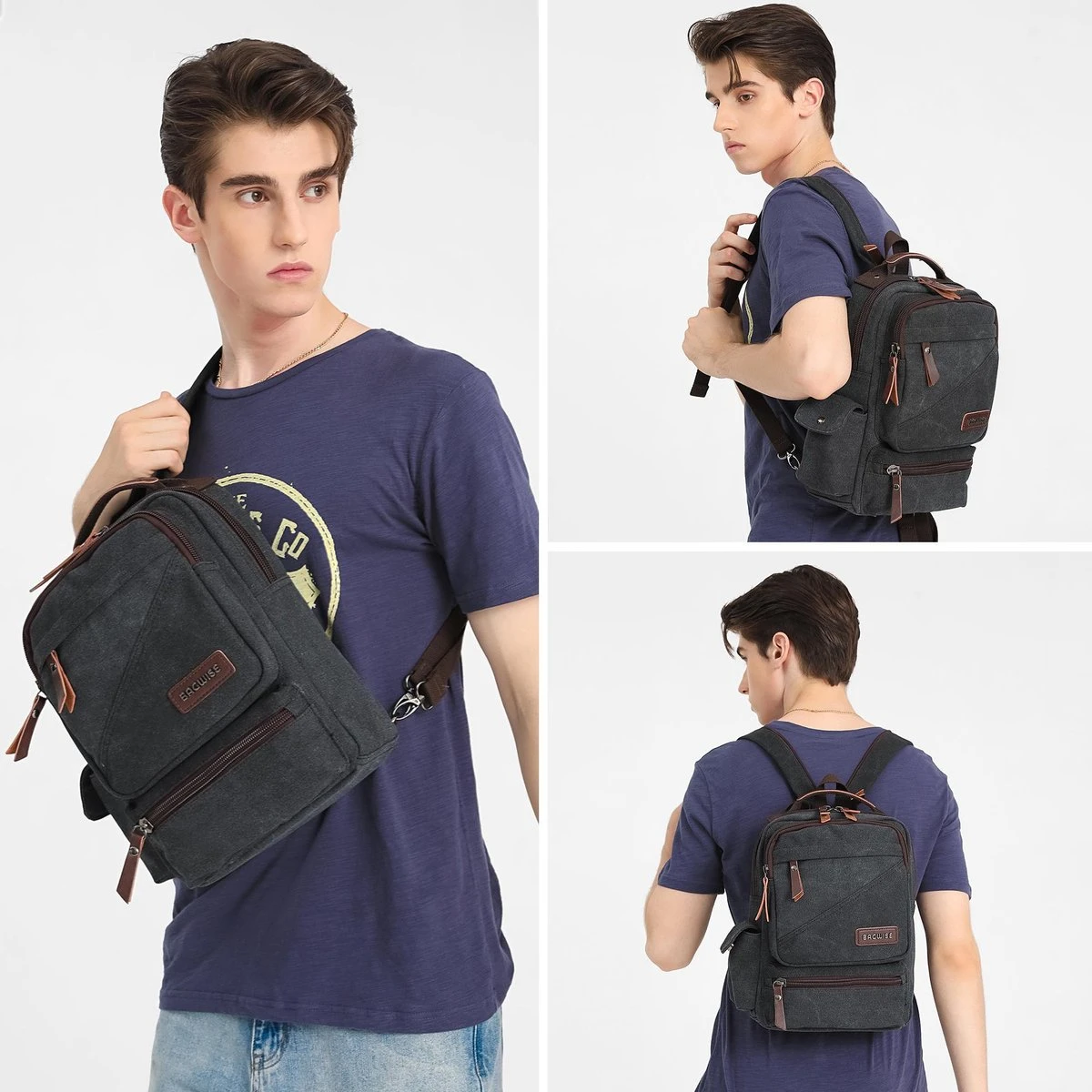 Bagwise® - Rugzak - Canvas - 15 L- Vintage - 13" Inch Laptopvak - Compact Klein -1261 Zwart 4 Bagwise® - Rugzak - Canvas - 15 L- Vintage - 13" Inch Laptopvak - Compact Klein -1261 Zwart - Afbeelding 2