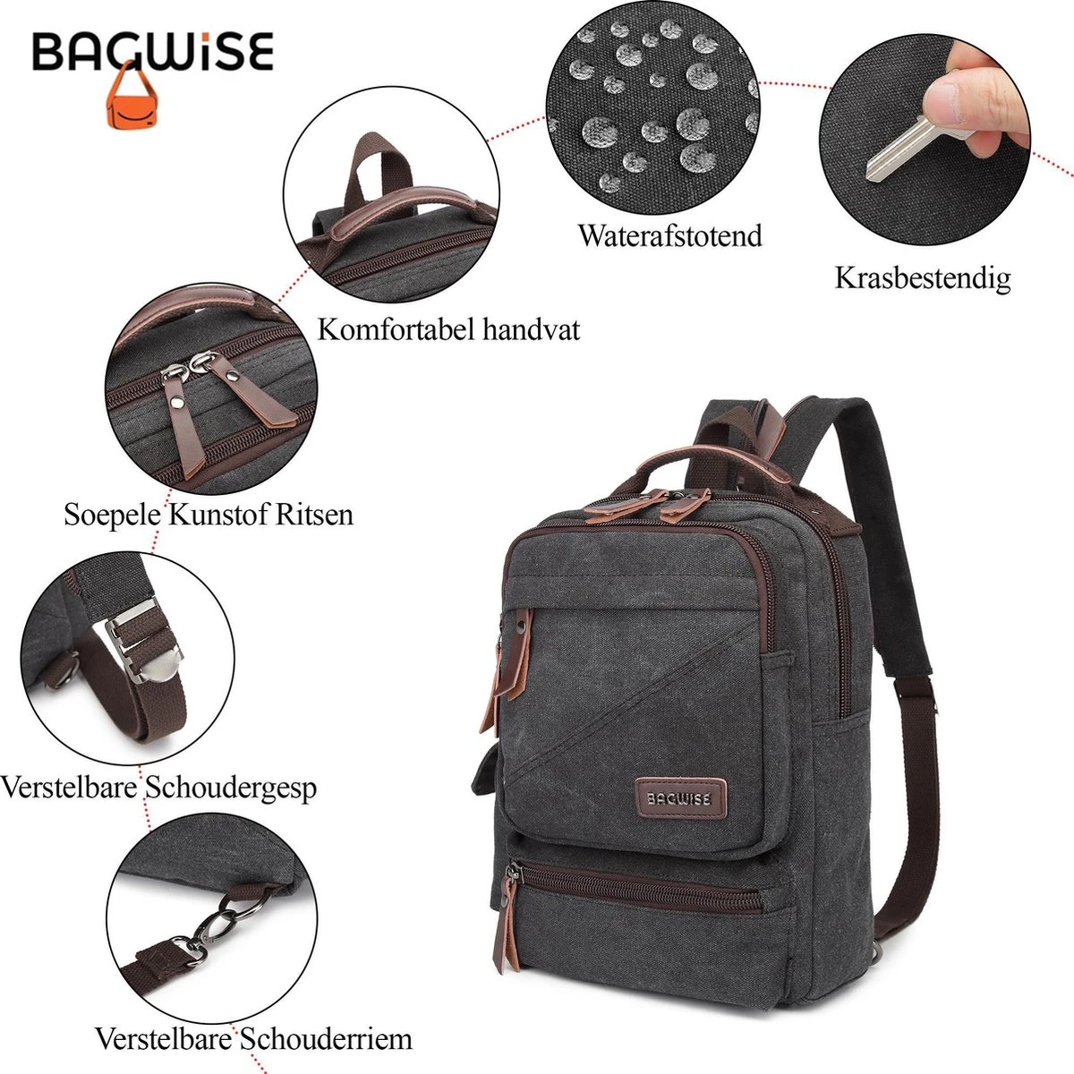 Bagwise® - Rugzak - Canvas - 15 L- Vintage - 13" Inch Laptopvak - Compact Klein -1261 Zwart 7 Bagwise® - Rugzak - Canvas - 15 L- Vintage - 13" Inch Laptopvak - Compact Klein -1261 Zwart - Afbeelding 5