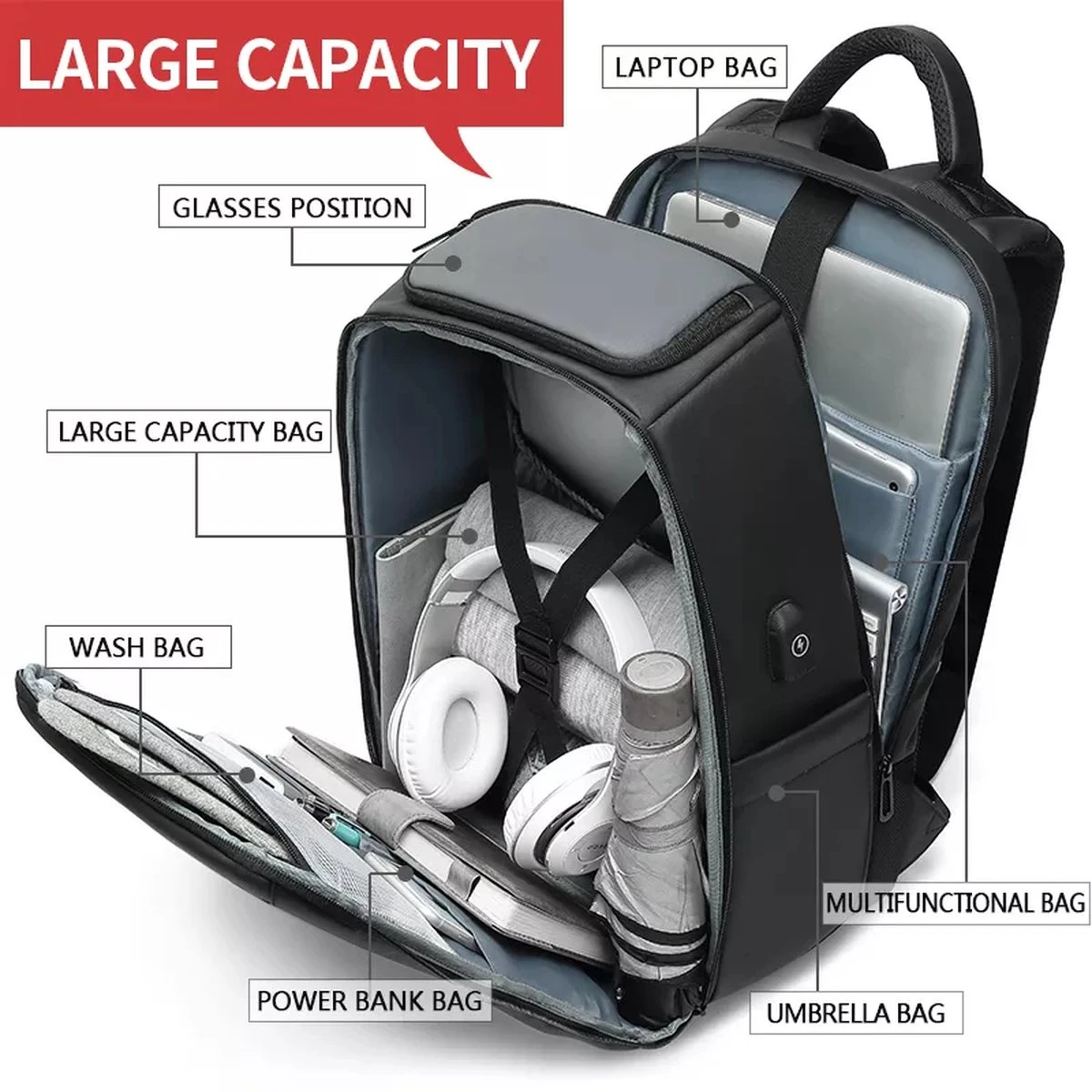 Eurcool Rugzak Mannen Multifunctionele Grote Capaciteit Mannelijke Mochila Tassen Usb-poort Opladen Laptop School Rugzakken 8 Eurcool Rugzak Mannen Multifunctionele Grote Capaciteit Mannelijke Mochila Tassen Usb-poort Opladen Laptop School Rugzakken - Afbeelding 6