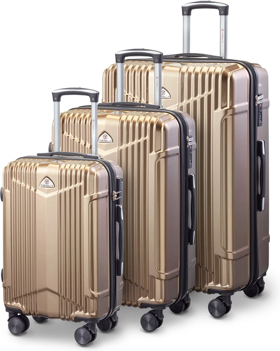 Tesla - Kofferset - 3-delig - 4 Wielen - Cijferslot - Goud 3 Tesla - Kofferset - 3-delig - 4 Wielen - Cijferslot - Goud