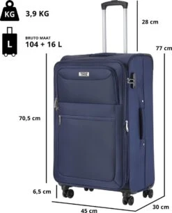 TravelZ Softspinner TSA Kofferset - 2-delig Handbagage + Grote Koffer 77cm - Dubbele Wielen - Blauw -Tassen Kortingen Winkel 965x1200 3