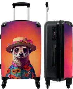 NoBoringSuitcases.com® Koffer Groot - Meerkat - Bloemen - Hoed - Dieren - Portret - Trolley Koffer Met TSA-slot - Met Wielen - 90 Liter - Reiskoffer - 66 Cm
