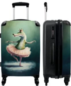 NoBoringSuitcases.com® Koffer Groot - Krokodil - Kroon - Goud - Ballet - Portret - Trolley Koffer Met TSA-slot - Met Wielen - 90 Liter - Reiskoffer - 66 Cm